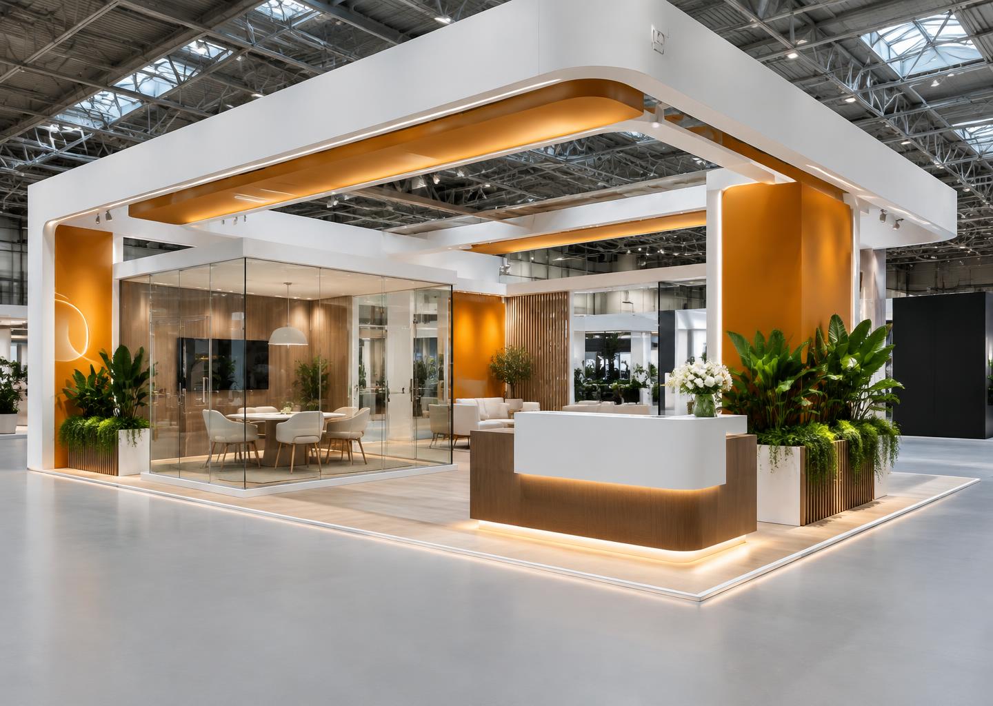 Illustrative custom exhibition booth with sculptural architecture, meeting space and illuminated reception